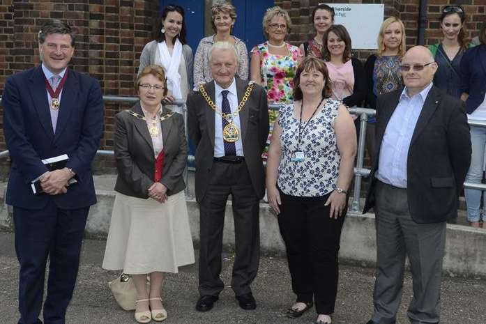 High Sheriff of Kent, Hugo Fenwick, with Mayoress and Mayor of Swale, Brenda and Cllr George Bobbin, and visitors from Poland with team leader Donna Lee during the visit to Quays Hostel in Crown Quay Lane, Sittingbourne