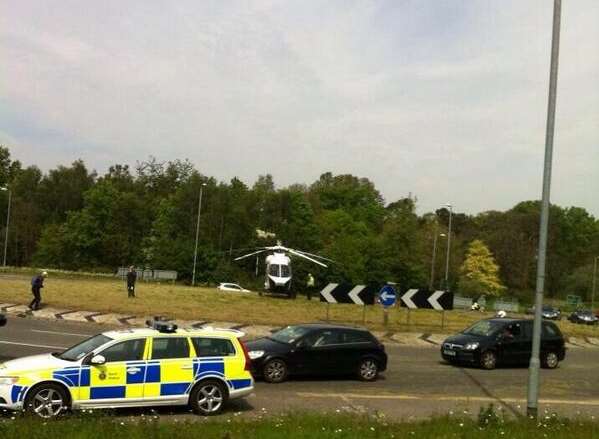 The air ambulance lands near the A21 at Tunbridge Wells today. Picture: Kent Police Roads