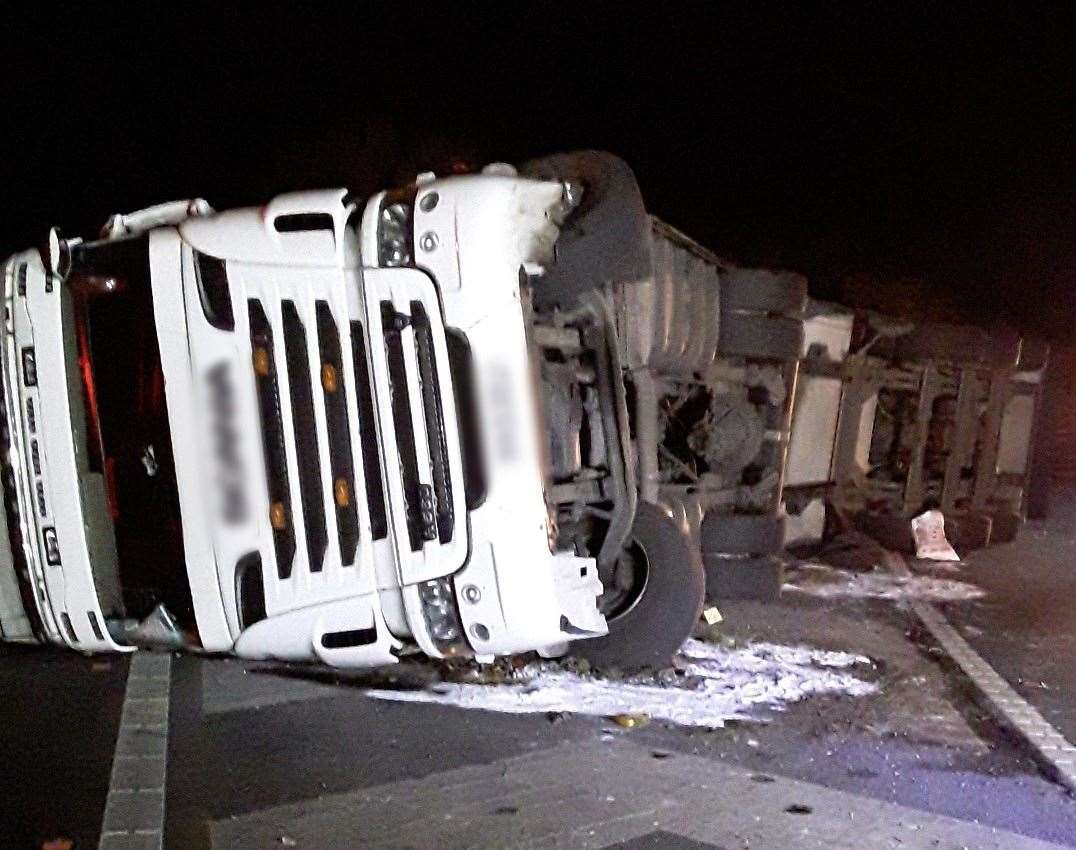 Lorry overturned on the M2 between Gillingham and Sittingbourne. Picture: National Highways