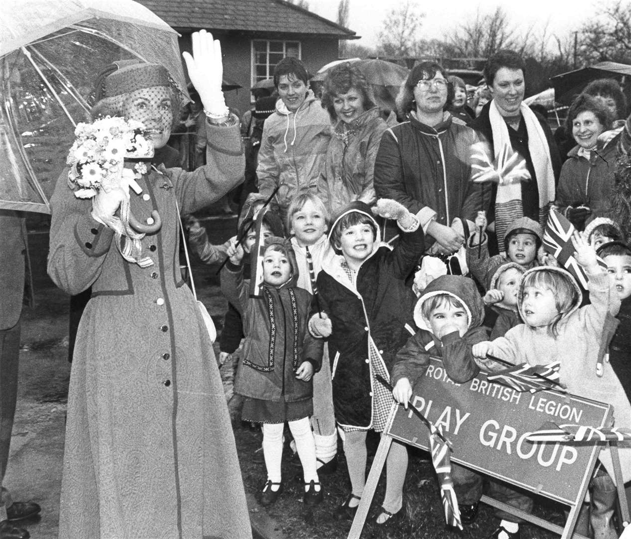 Youngsters from the Royal British Legion Playgroup at Aylesford, waved goodbye to the Duchess of Kent's helicopter after she arrived to open the legion's Churchill Centre, a rehabilitation and assessment unit, in December 1983