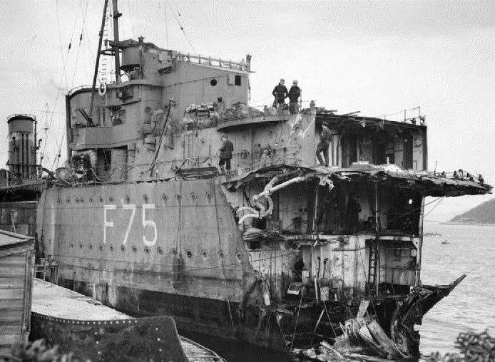 HMS Eskimo being patched up in Norway after being torpedoed SUBMITTED (18091344)