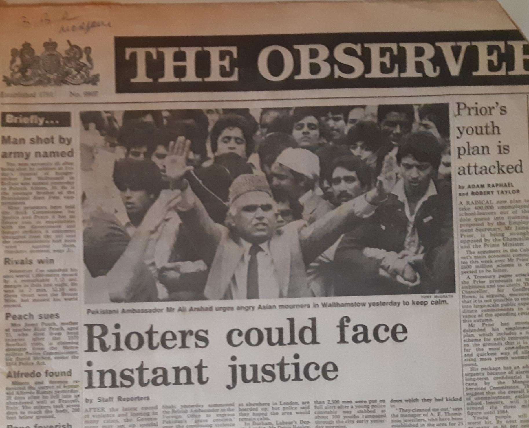 The Observer on July 12, 1981 shows Pakistani ambassador pleading for calm among mourners following a multiple racial murder in Walthamstow, just before the riots