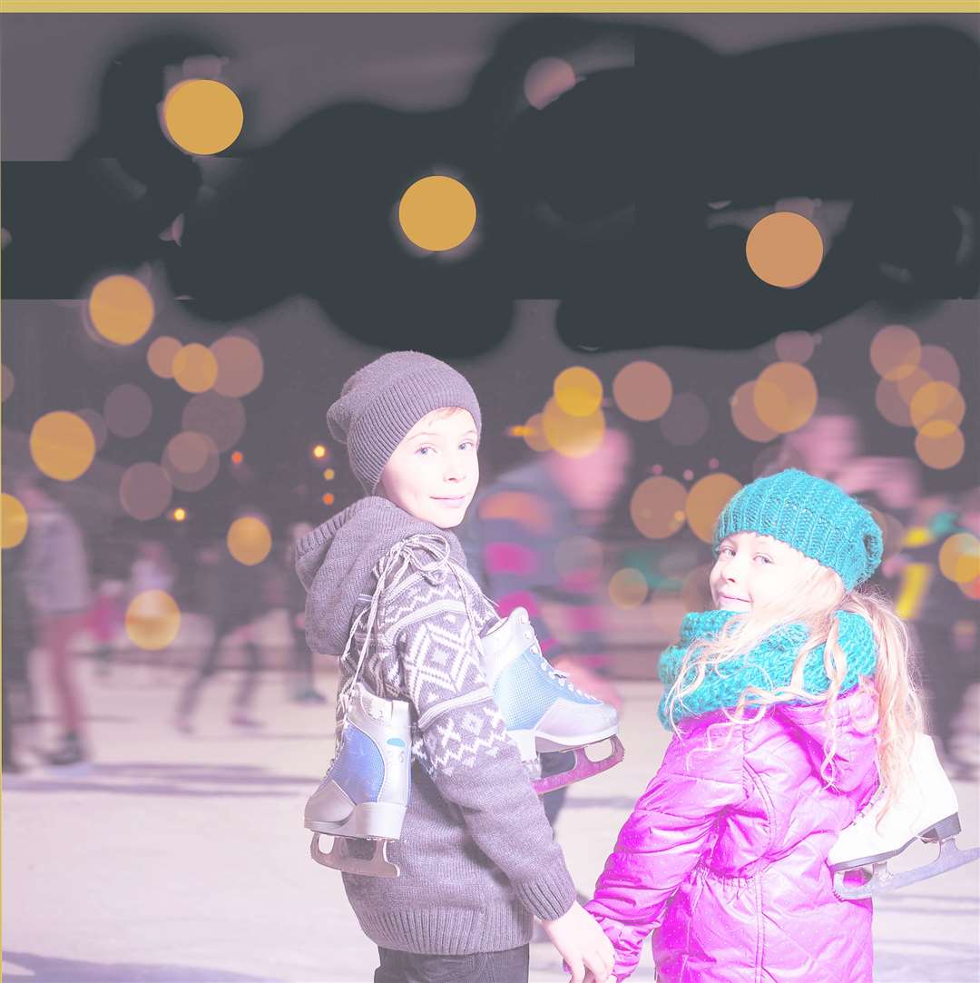 Happy children ice skating at ice rink outdoor. Stock image