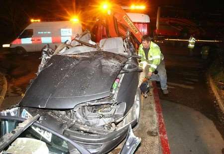 WRECKED: the car involved in the collision. Picture: JOHN WESTHROP
