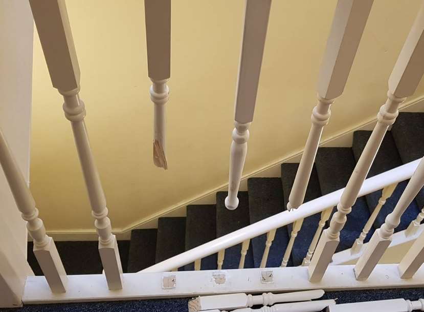 Damage: Part of the wooden staircase was smashed