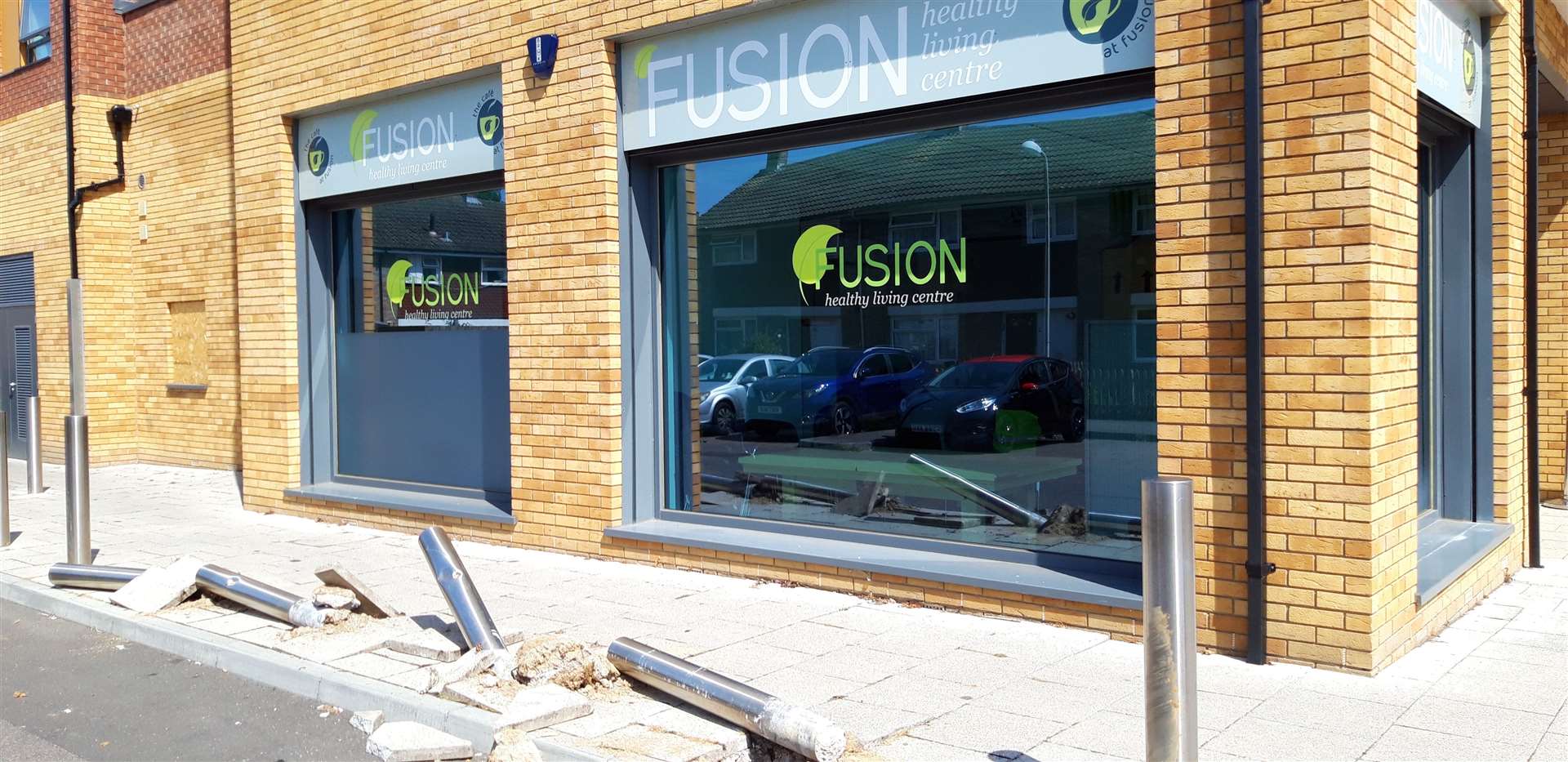 Bollards outside Fusion Healthy Living Centre were damaged during the night (14244218)