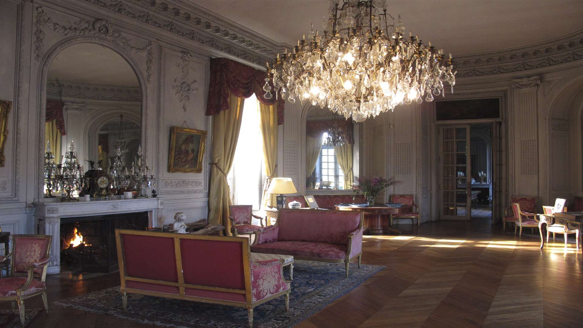 Impressive chandeliers hang in the grand Château du Lude