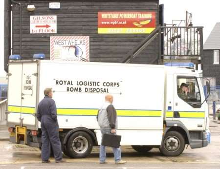 The scene in Whitstable harbour this morning after a suspect device was left at the harbour office. Picture: Chris Davey