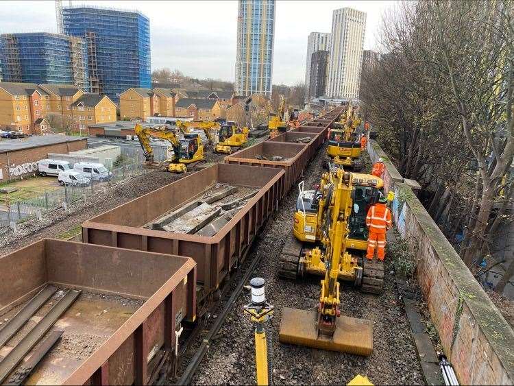 Old tracks were loaded into trucks at Lewisham junction over the Christmas and New Year holidays. Picture: Network Rail/Colas Rail