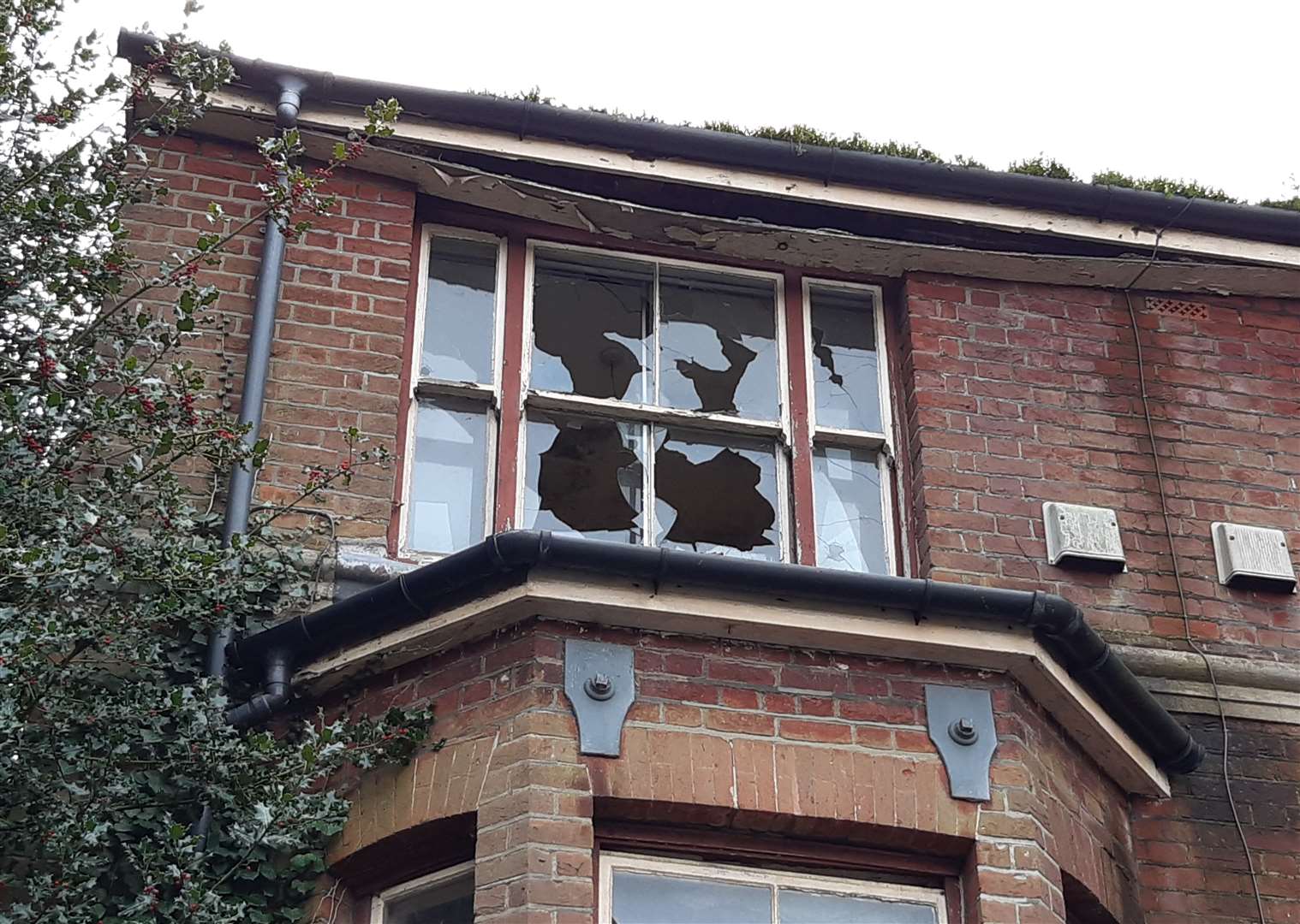 Several windows are smashed