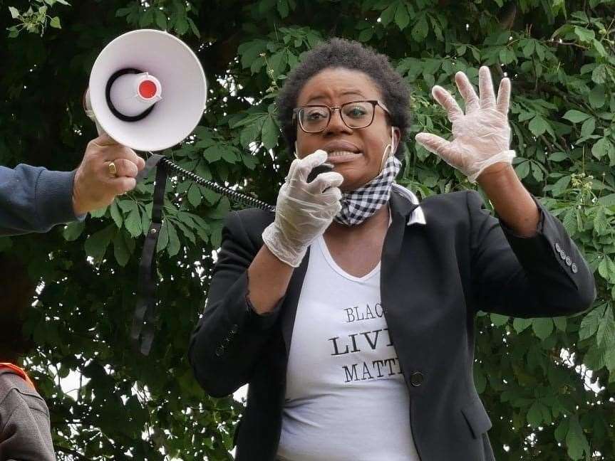 Cllr Siju Adeoye speaking at the socially distanced Black Lives Matter protest in June