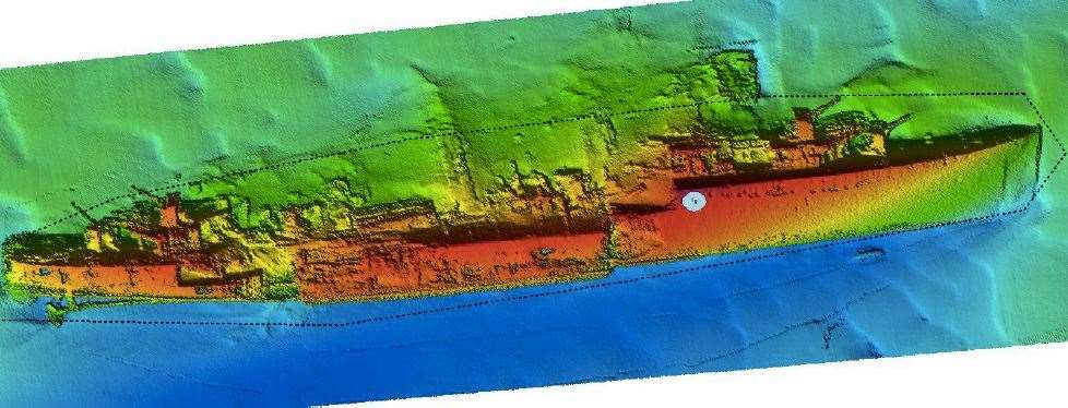 Multibeam survey of the wreck of the destroyer HMS Keith, showing the displaced hull section, after she sank off the coast of Dunkirk during the evacuations in 1940. Picture: Drassm/MSDS Marine/Historic England