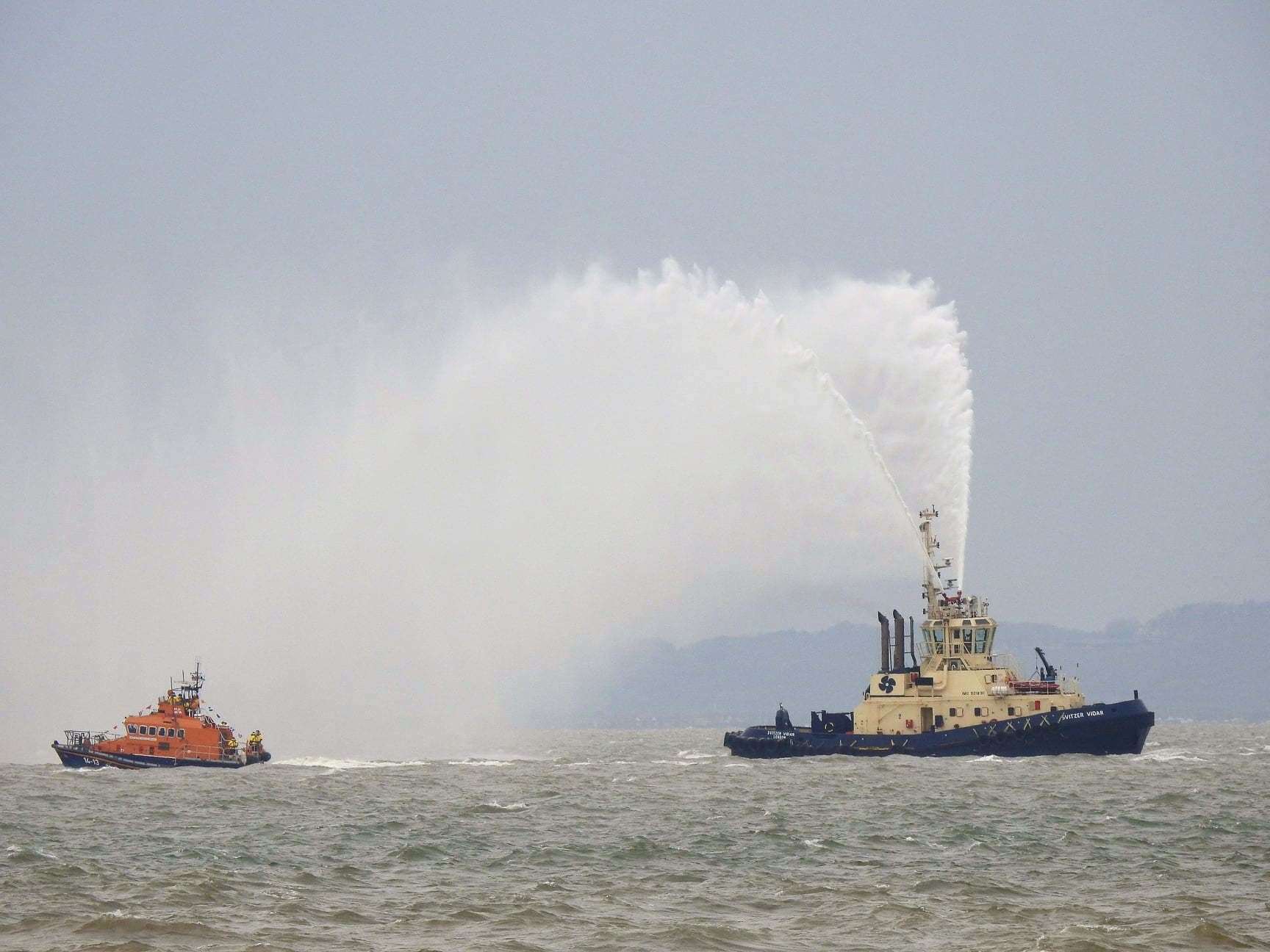 Water salute for the new Sheerness RNLI Shannon-class lifeboat the Judith Copping Joyce arriving off Sheppey. Picture: Adam Young