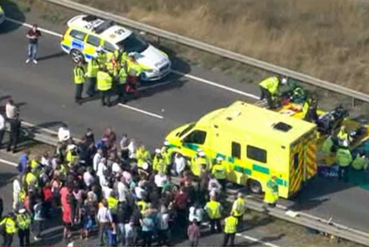 Walking wounded approach ambulances after the Sheppey Crossing pile-up. Picture: Sky News