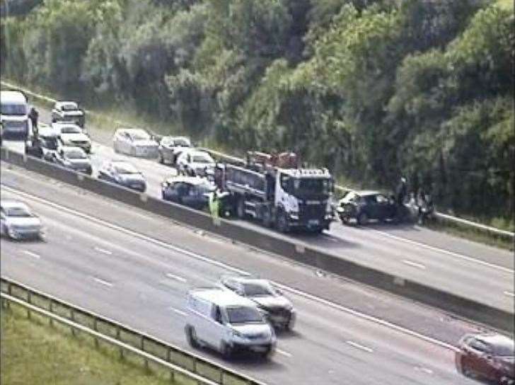The coastbound carriageway of the M20 between Junctions 5 and 6 remains closed following the crash. Picture: Highways England