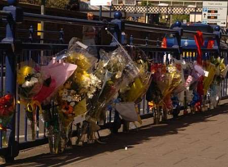 Flowers at the suicide scene in Clive street, Gravesend.