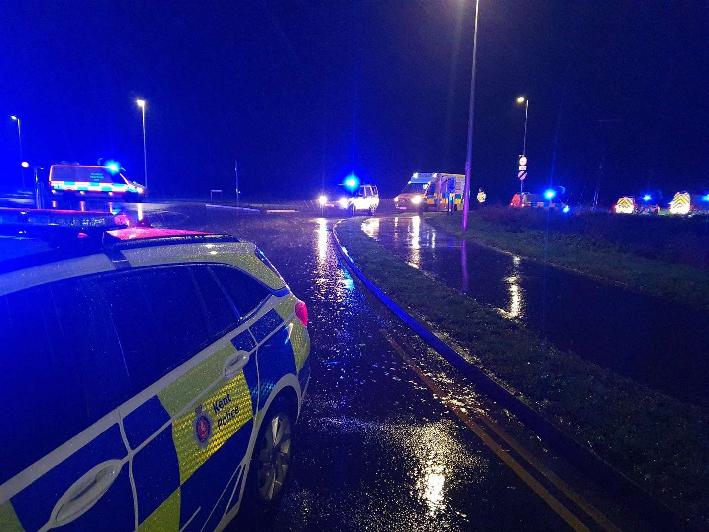 Police, fire service and paramedics were all called to the incident at the Stoke Road and Eschol Road roundabout near Kingsnorth power station. Picture: Kent Police Tactical Ops/Twitter