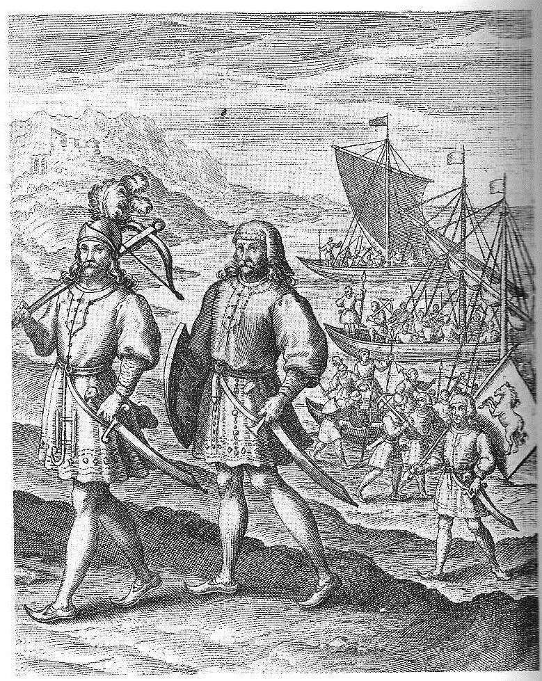 Hengist and Horsa come ashore - with their standard bearing a white horse