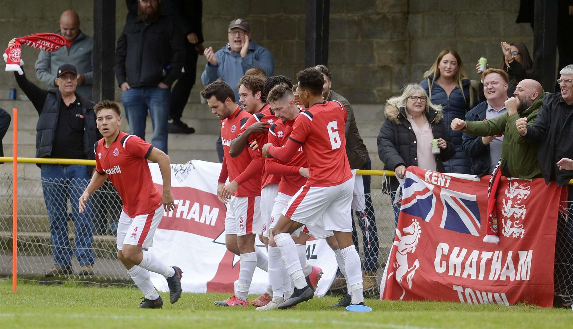 Chatham players celebrate the opening goal at Folkestone. Picture: Barry Goodwin (42535906)