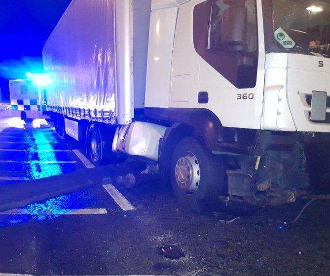 The lamppost is wedged under the HGV. Picture: Highways England (5535969)