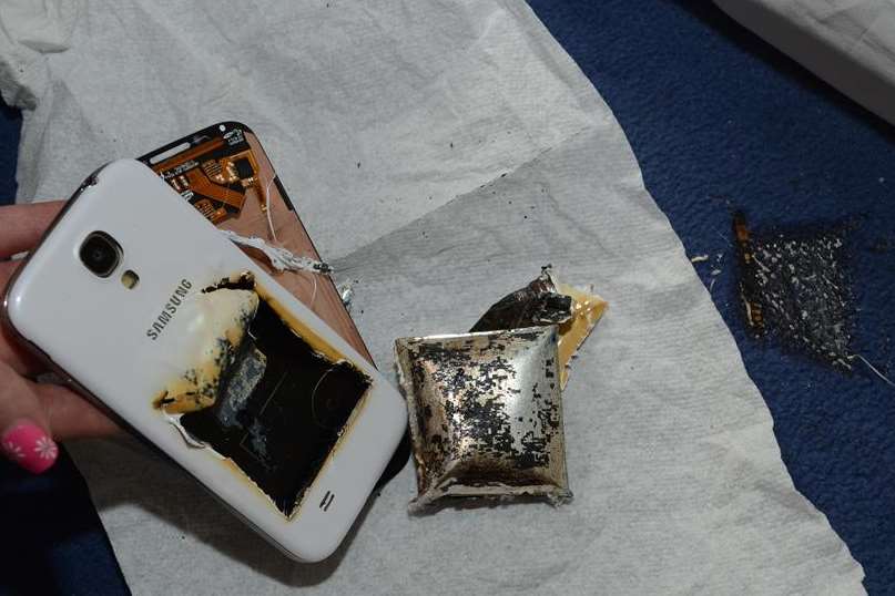 The remains of Holly Hewett's phone and scorched carpet