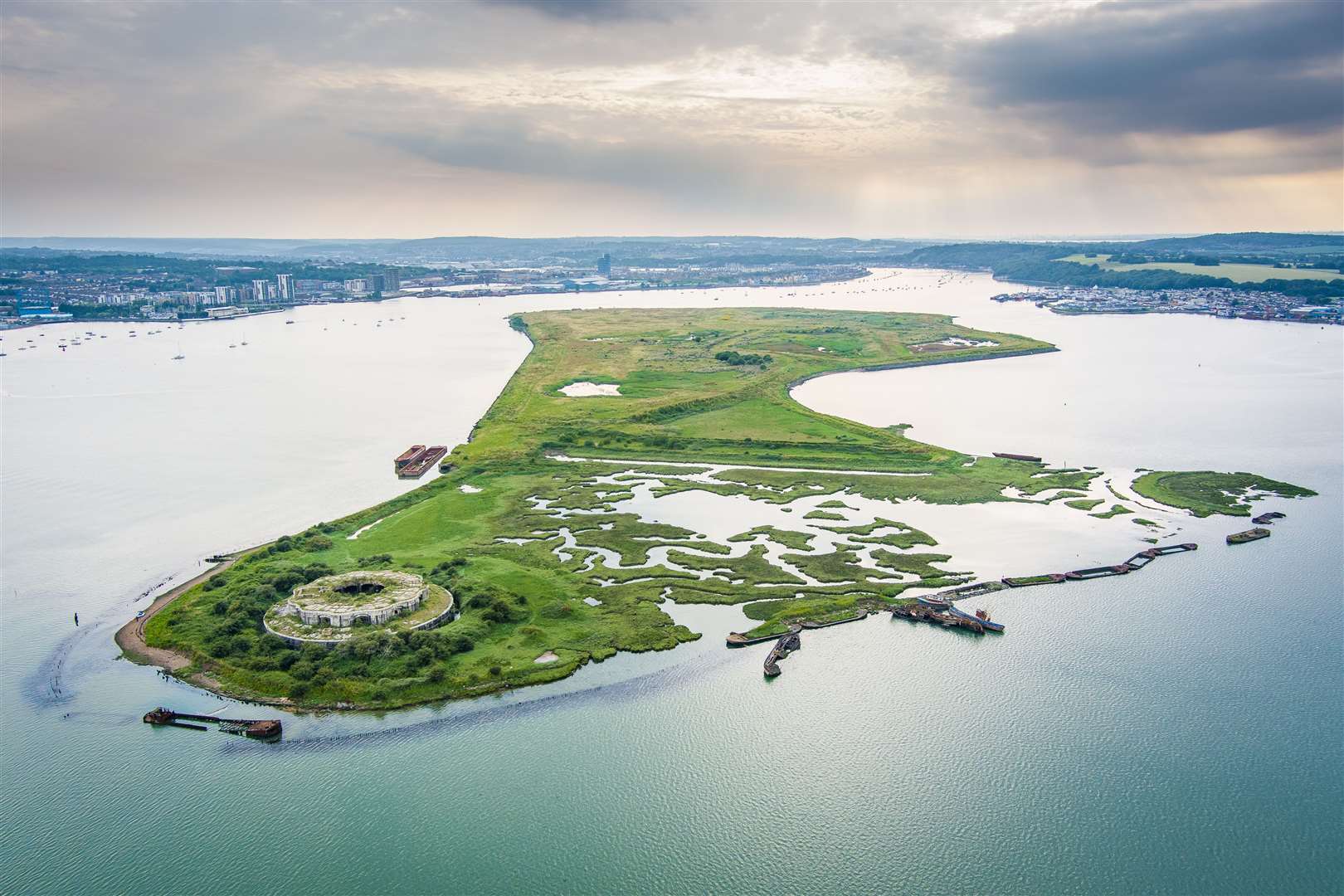 Hoo Fort, built in the 1870s, had 11 guns located in the circular fort. It was initially designed to have two levels but subsidence and overrunning cost issues saw this reduced to a single tier. Picture: Aerial Imaging South East