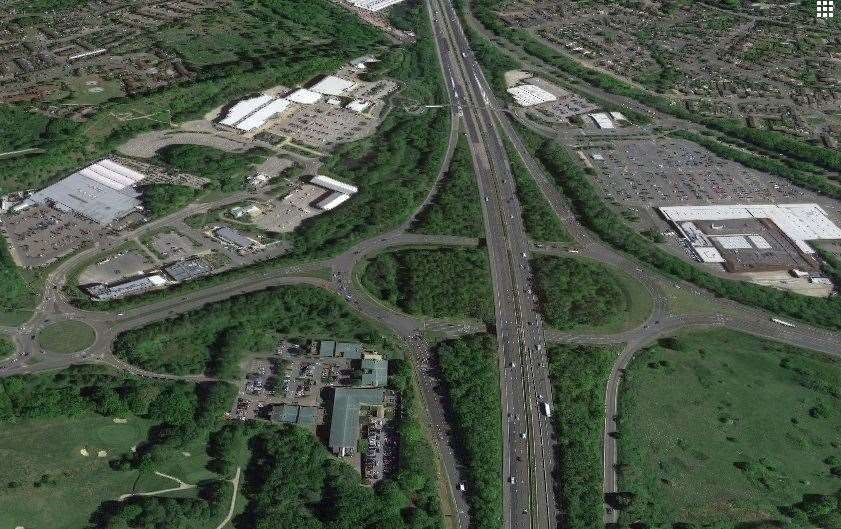 The same view, but in 2020. Eureka Leisure Park and Dobbies garden centre can be seen on the left of the M20. The £8 million Eureka Skyway footway bridge across the motorway was installed in 2011. It leads across to the Warren Retail Park and the huge Sainsbury's Bybrook supermarket. Pic: Google Earth