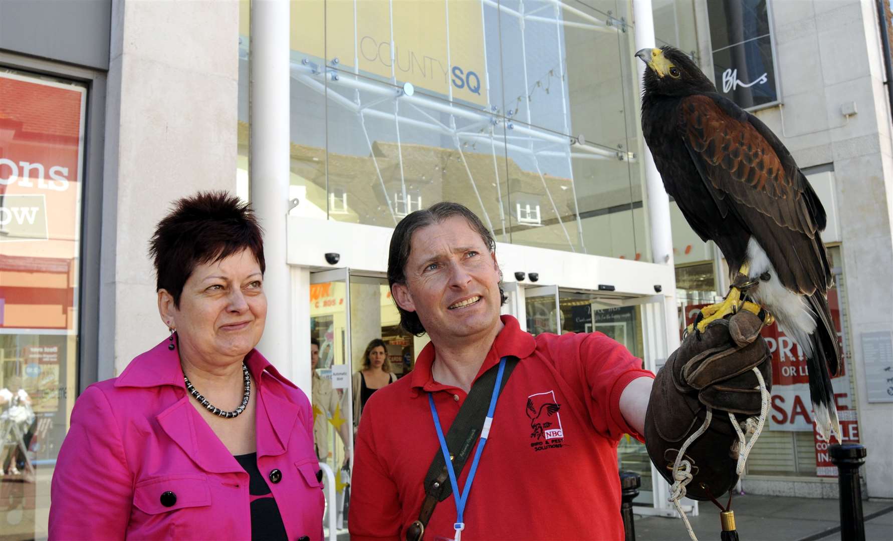 County Square bosses used a hawk in 2010 - this picture shows center manager Frances Burt with Gary Railton and a male Harris Hawk