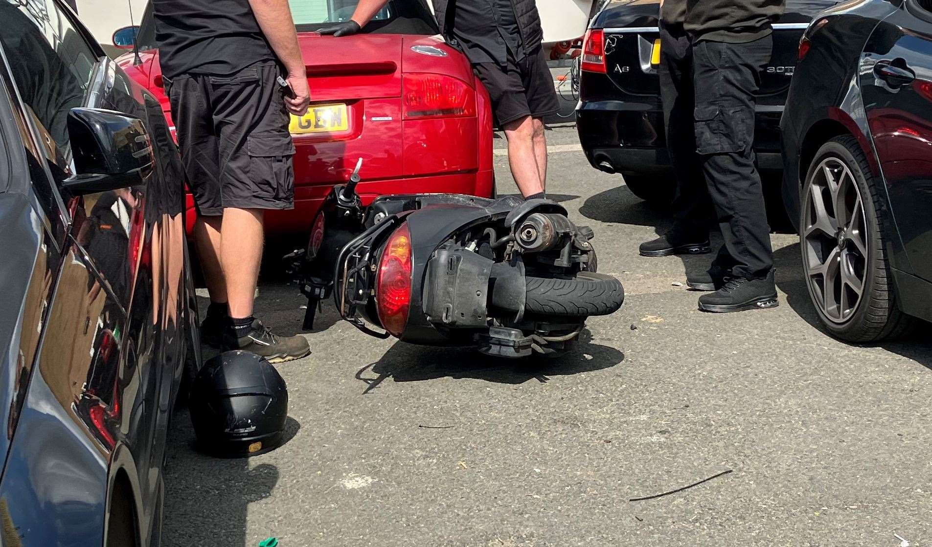 The moped after crashing in a car park off Sir Thomas Longley Road
