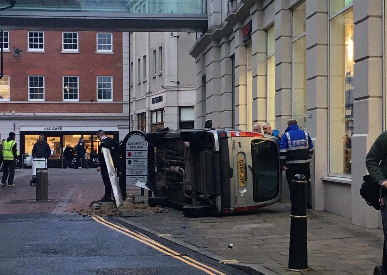 The vehicle has overturned at the border of the Whitefriars shopping complex. Picture: Nigel Fletcher