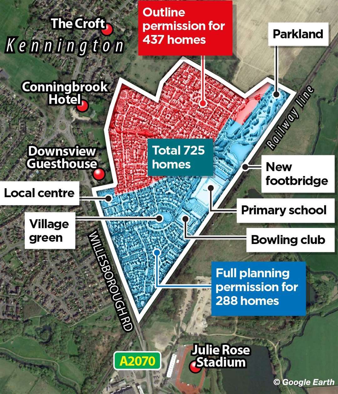 An overview of the Conningbrook Park site, showing which area has been fully approved and which has been allowed in principle