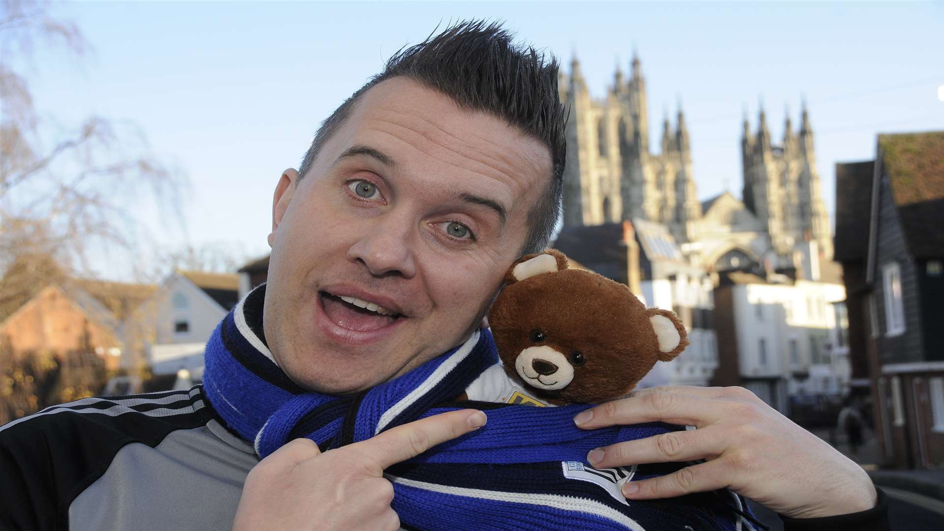Phil Gallagher aka Mister Maker from the CBeebies television show with best friend Ted the bear.