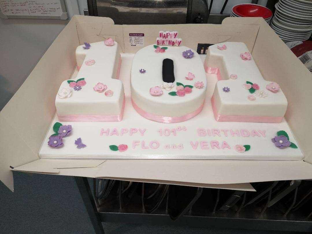Vera and Flo's birthday cake at Russell Court Nursing Home in Longfield