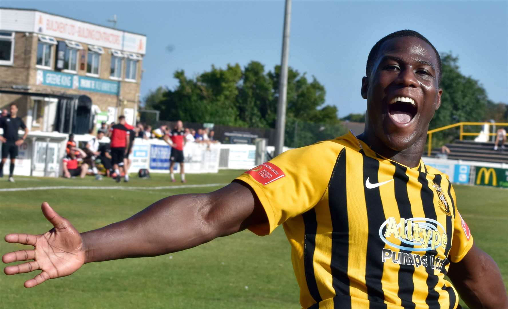 Striker Ade Yusuff got his 100th Folkestone goal in midweek in a losing cause at Hornchurch. Picture: Randolph File