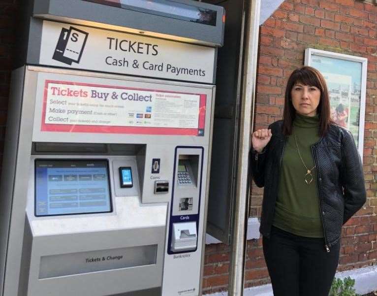 Louise Harvey-Quirke by the existing ticket machine on the Margate-bound side of the station