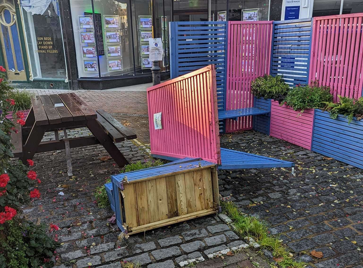 The temporary benches in Middle Row were vandalised in mid October. Picture: Heather Atthow