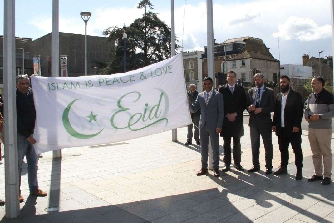 The Eid flag is raised on Community Square, Gravesend