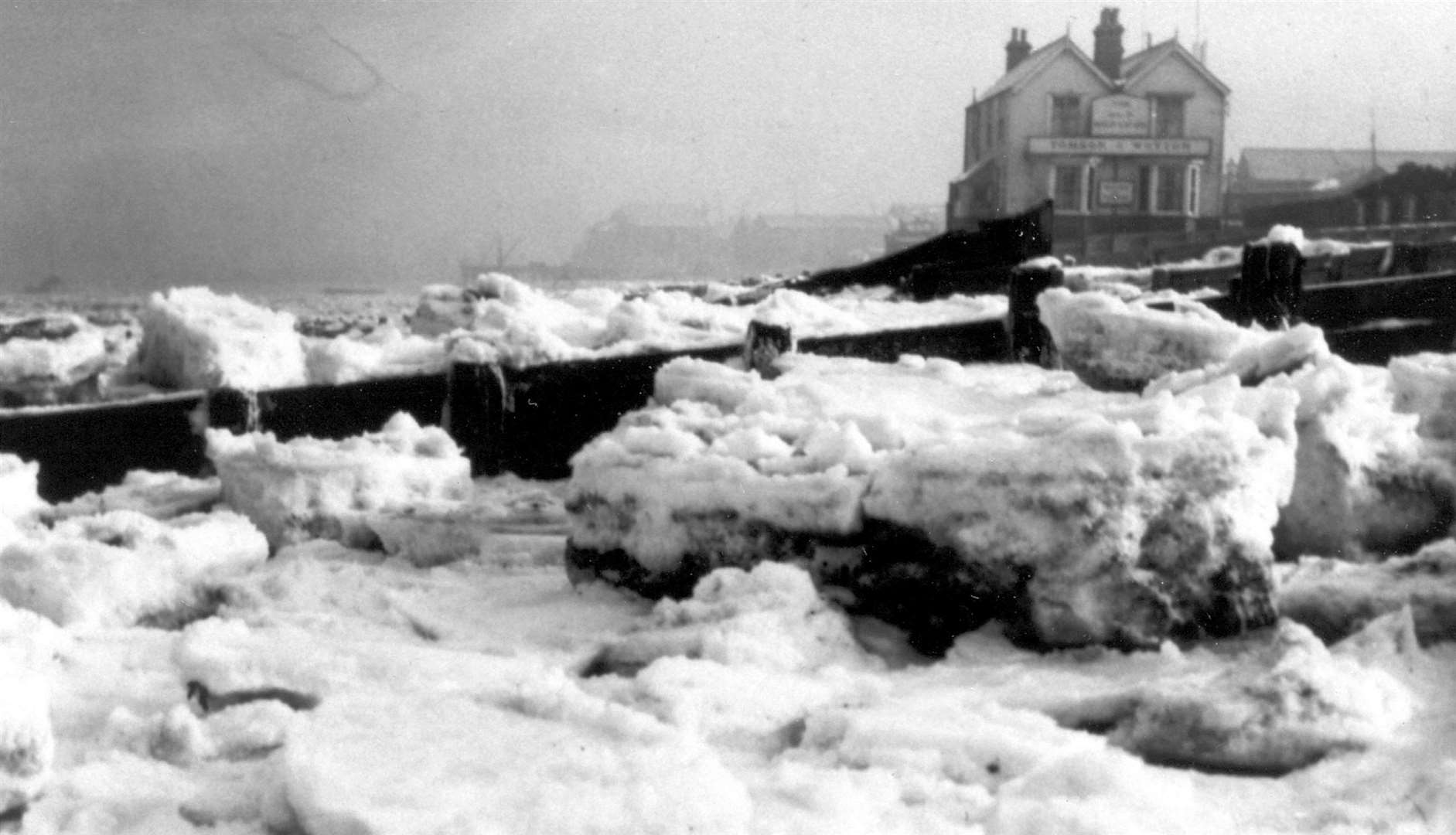 Whitstable after the heavy snow falls across Kent in 1947 - the Neptune pub is in the background