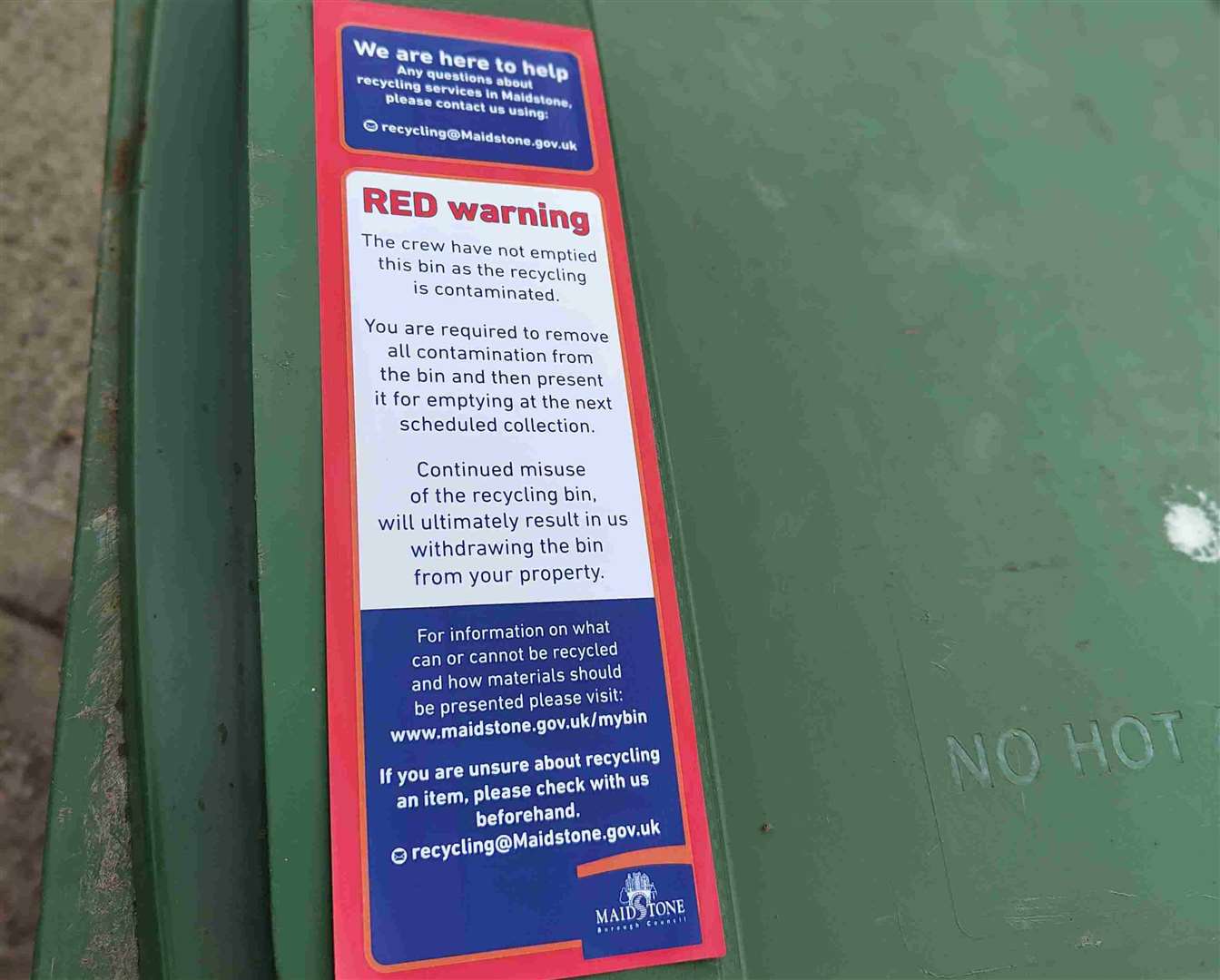 Refuse collectors will be placing a warning sticker on bins if they see wrong items inside. Picture: MBC