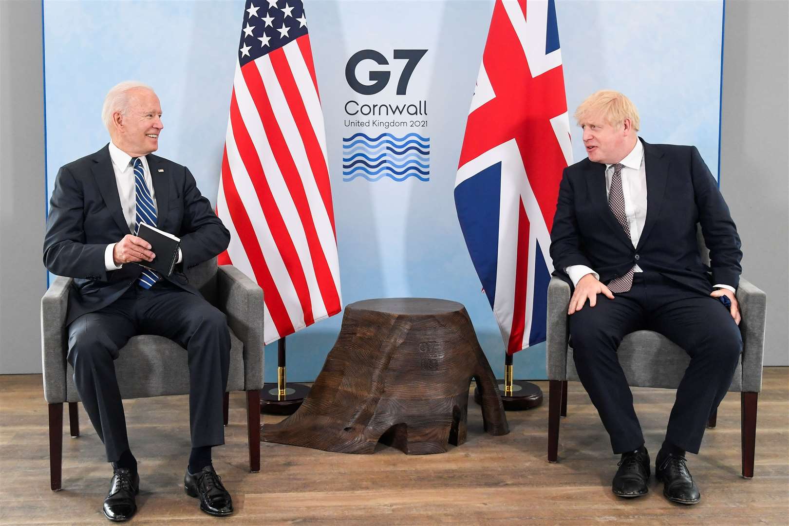 US President Joe Biden with Prime Minister Boris Johnson during their meeting at the G7 summit in Cornwall (Toby Melville/PA)