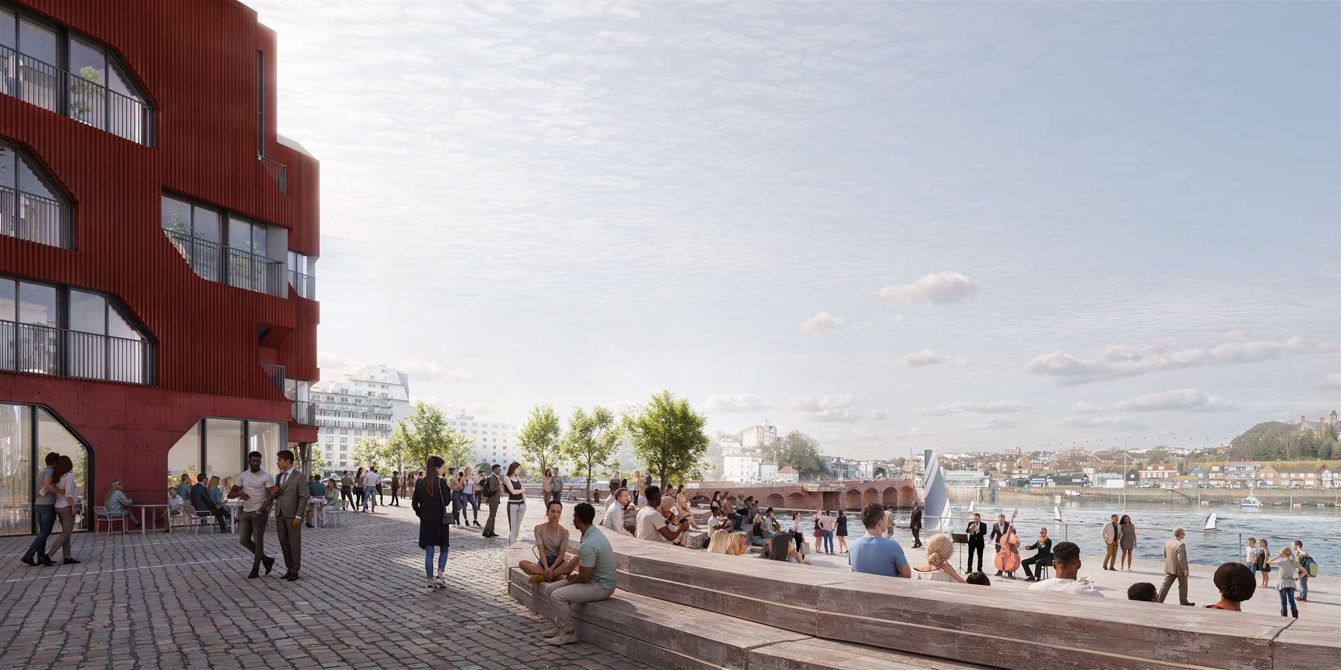 The overall masterplan for the town’s coastline will eventually see 1,000 homes line the entire beach from the Leas Lift to the harbour arm. This image looks towards The Burstin hotel from the harbour arm. Picture: FHSDC
