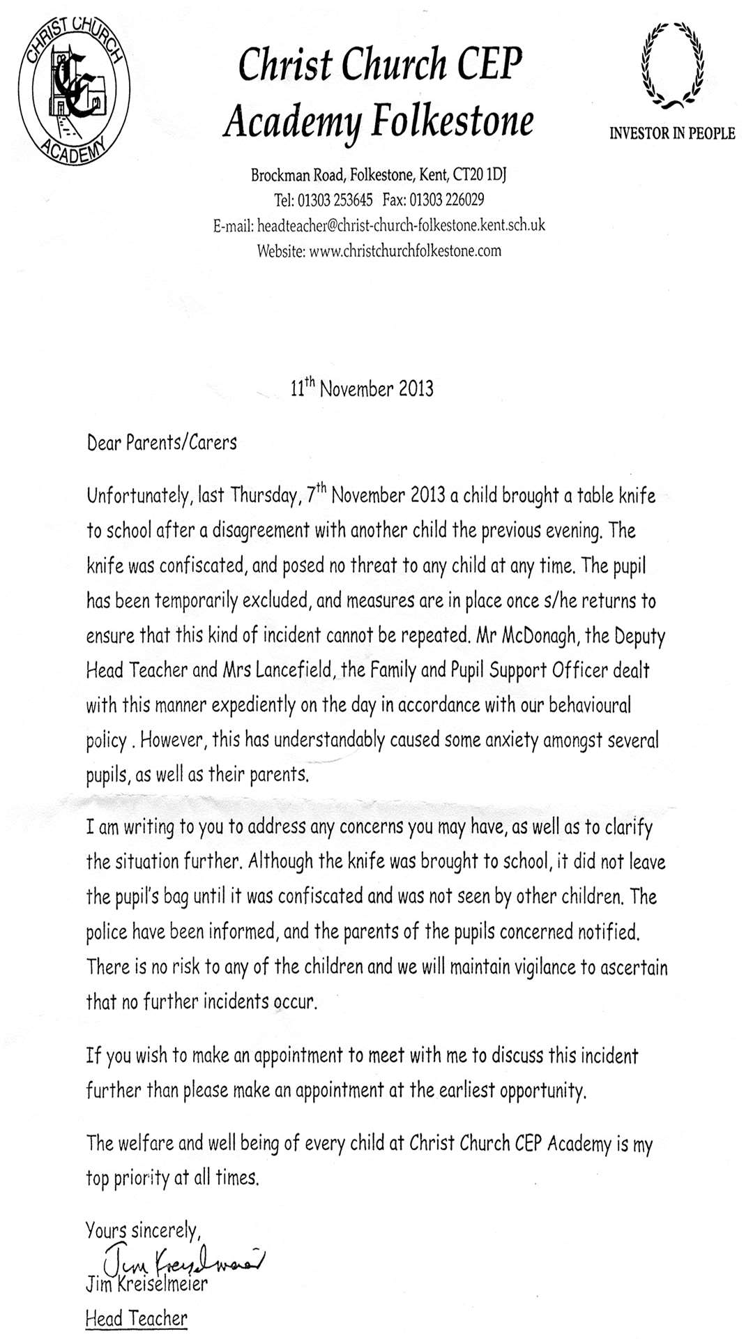 The letter sent to parents and carers reassuring them about children's safety