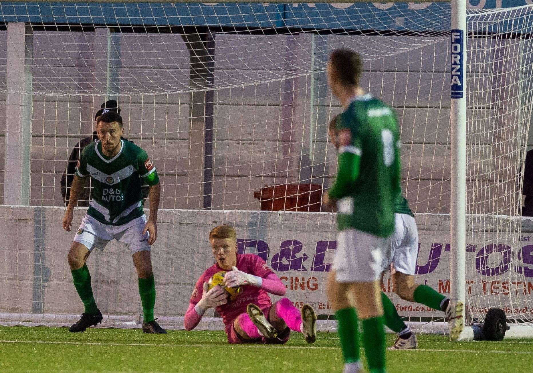 Ashford United keeper Jacob Russell makes a save against Sheppey. Picture: Ian Scammell