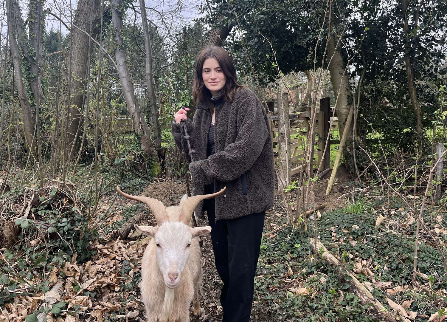 KentOnline reporter Charlotte Phillips with goat Ross at Buttercups Sanctuary for Goats in Boughton Monchelsea