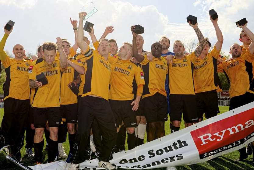 Maidstone United celebrate promotion to the Ryman League Premier Division Picture: Andy Payton