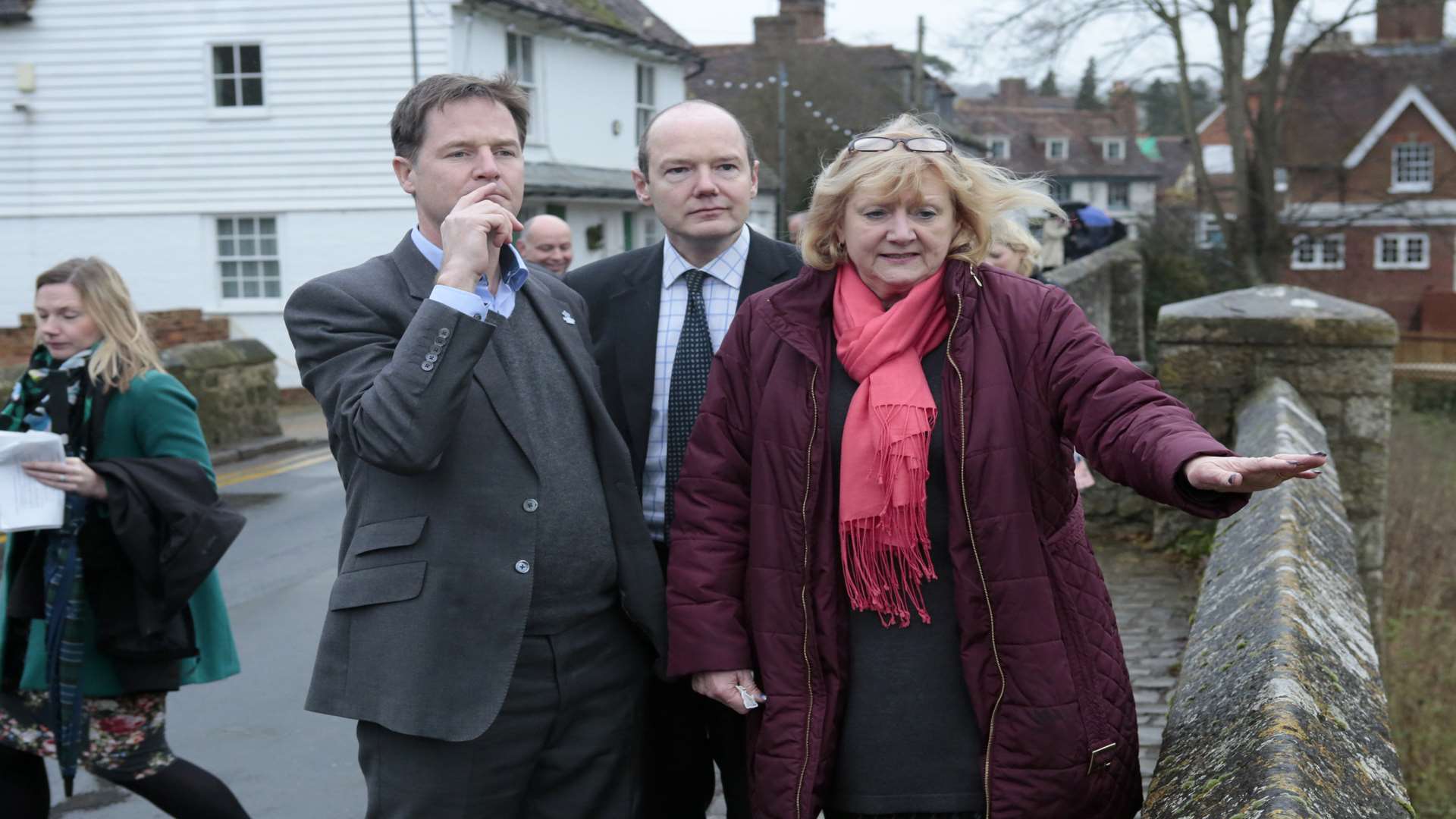 Nick Clegg with Jasper Gerard, Lib Dem Parliamentary candidate for Maidstone and the Weald, and Geraldine Brown, chairman of Yalding Parish Council