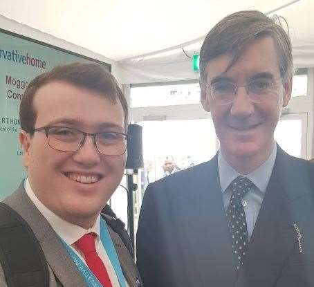 George Holt with MP and Leader of the House of Commons Jacob Rees-Mogg at a Conservative Party Conference