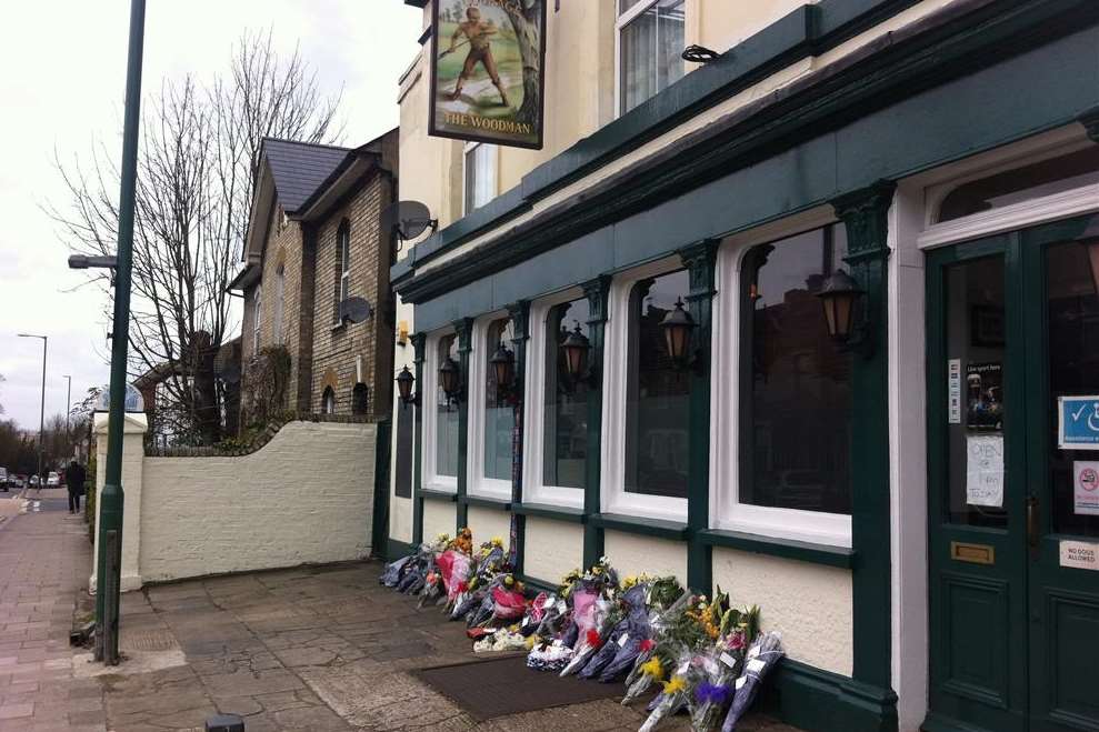 Tributes to Ben Mahoney outside The Woodman pub in Dartford