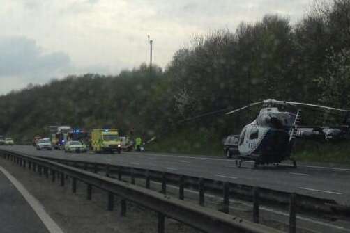An air ambulance lands on the M25. Picture: @Kent_999s