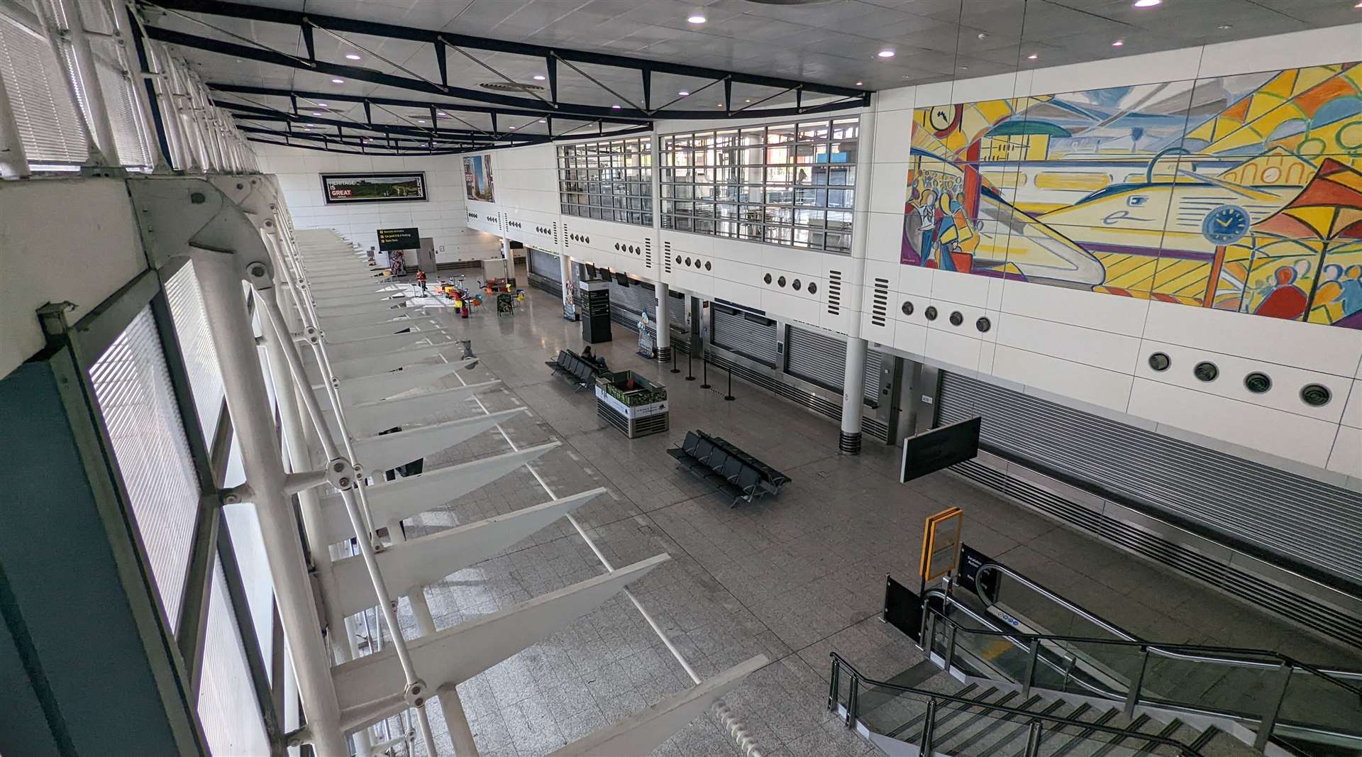 A deserted and shuttered Ashford International railway station